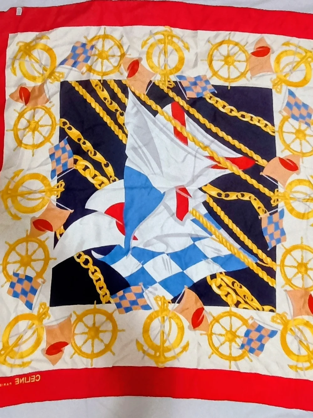 Celine Red, Navy, White & Gold Nautical Silk Scarf